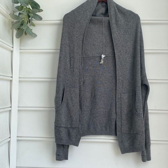 Lululemon Cabin Yogi Heathered Medium Grey Slate Ribbed Hooded Cardigan Cashmere - Picture 6 of 14